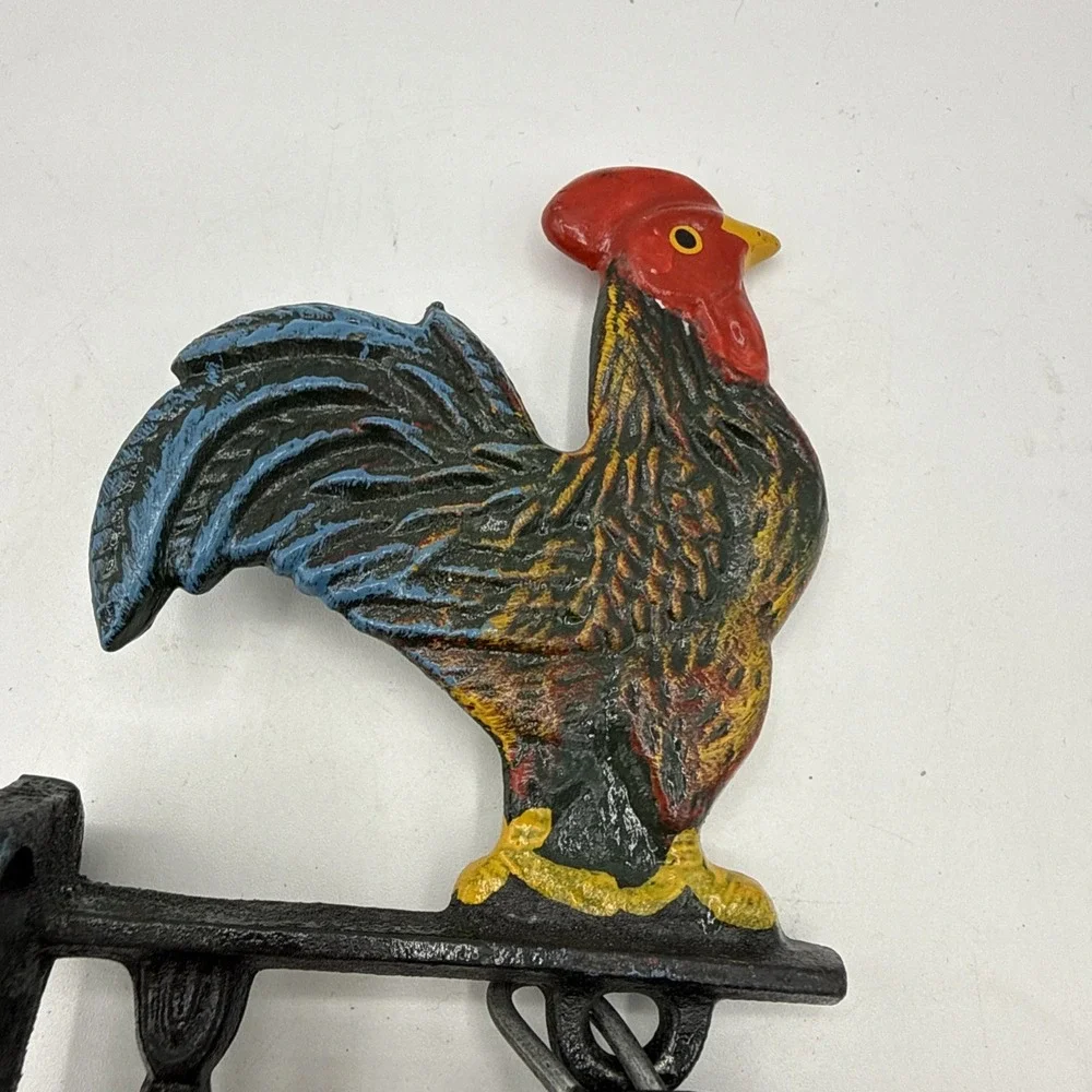 Vtg Cast Iron Hand Painted Rooster Chicken Wall Mount Dinner Bell Farm Barn Deco